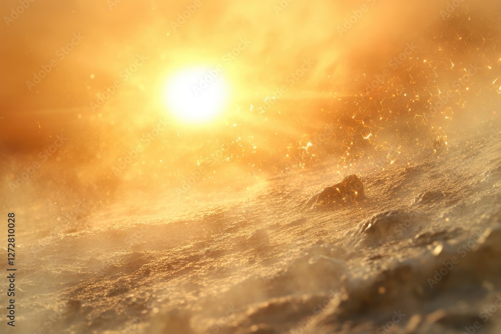 Poster golden sunrise illuminating a textured landscape with sparkling particles and a hazy atmosphere.