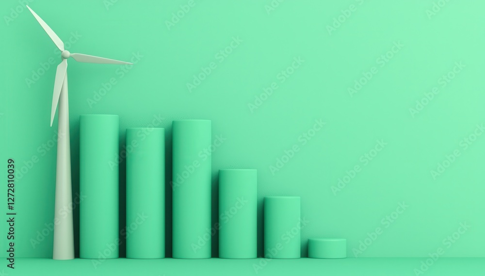 Poster a concept supporting csr and esg. green background with a wind turbine and ascending bar graph repre