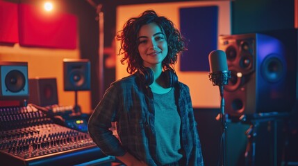 Fototapeta premium Confident Music Producer in a Recording Studio Surrounded by High-Tech Audio Equipment