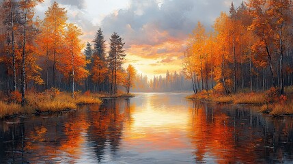 autumnal scenery of a forest by the riverbank in an oil painting with warm colors,brushstrokes