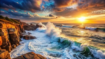 Fototapeta premium Powerful Ocean Waves Crash Against Rugged Rocky Shoreline at Sunset