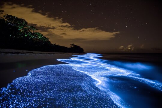 Bioluminescent waves under starry night on tropical beach