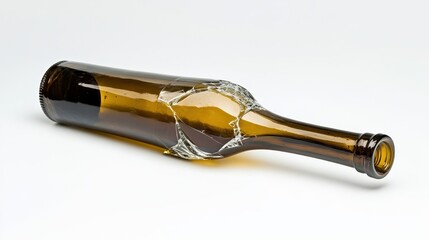 Broken Brown Glass Bottle on White Background