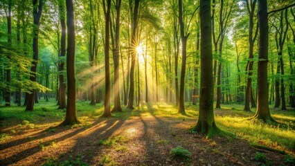 Fototapeta premium Warm sunlight filtering through trees in a dense green forest