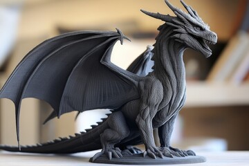Fototapeta premium Detailed Black Dragon Sculpture with Majestic Wings and Fierce Expression