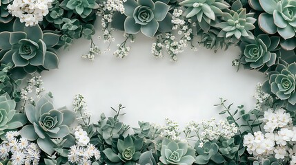 Stylish succulents in muted green and gray tones paired with soft white flowers, forming a minimal border at the top and bottom, open central area with a clean white background for text, hd details,