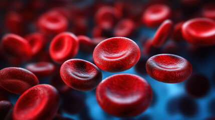 Realistic microscopic view of red blood cells floating in blue background, showcasing their unique shapes and textures. This captures intricate details of blood components