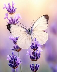 Naklejka premium pastel spring vibes light concept. A delicate white butterfly perched on vibrant lavender flowers in a soft, dreamy background.