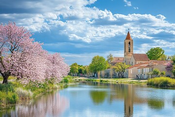 Obraz premium Tranquil Canal Scene: Blossoming Trees Reflecting on Calm Waters, Church Spire under a Spring Sky