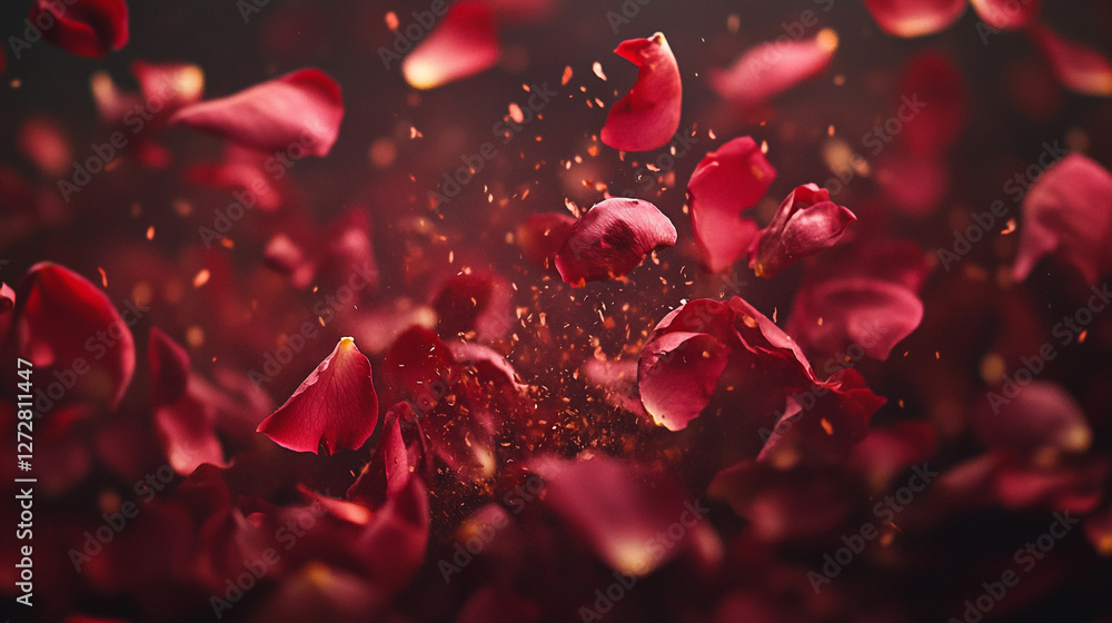 Poster swirling red rose petals create a mesmerizing display in a dreamy atmosphere illuminated by soft lig