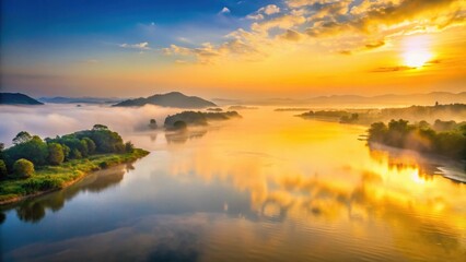 Fototapeta premium Serene sunrise over vast expanse of Yellow River in Sichuan Province, with misty morning fog gently lifting off tranquil waters , yellow river, scenic landscape