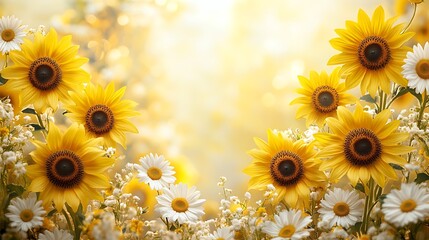 Fototapeta premium Sunflowers in vibrant yellow tones and pure white daisies arranged along the edges, central blank area with a soft cream background for text, softly diffused sunlight, hd details,