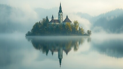 Small island with a church surrounded by the reflective waters of lake bled in slovenia