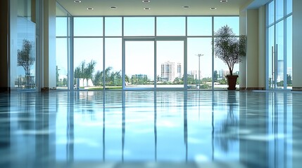 Fototapeta premium Brightly lit modern lobby reflects cityscape subtly. AI Generated