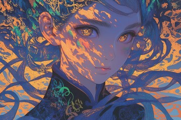 Girl with ornate hair and dress, sunlit face, artistic