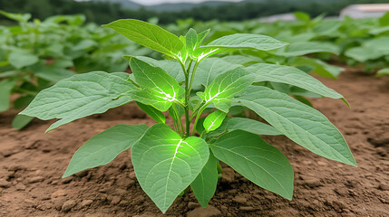 Field of Young Green Plants Growing in Brown Soil with Hills in Background Landscape Scenery.