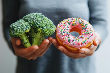 Woman chooses broccoli vs donut; healthy food dilemma; indoor setting; nutrition concept