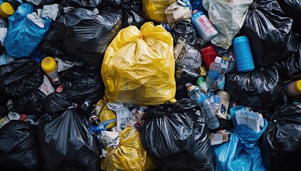 Overfilled Garbage Bags Overflow with Waste and Plastic, Creating a Mountain of Trash Outdoors