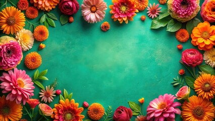 Vibrant pink and orange flowers surround a lush green border