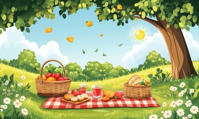 Vector design of a sunny picnic scene with a basket, blanket, and food under a tree, Generative AI
