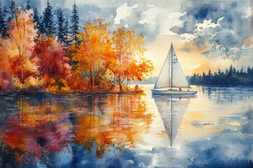 watercolor painting of a sailboat gliding across a calm lake surrounded by autumn trees, Generative AI