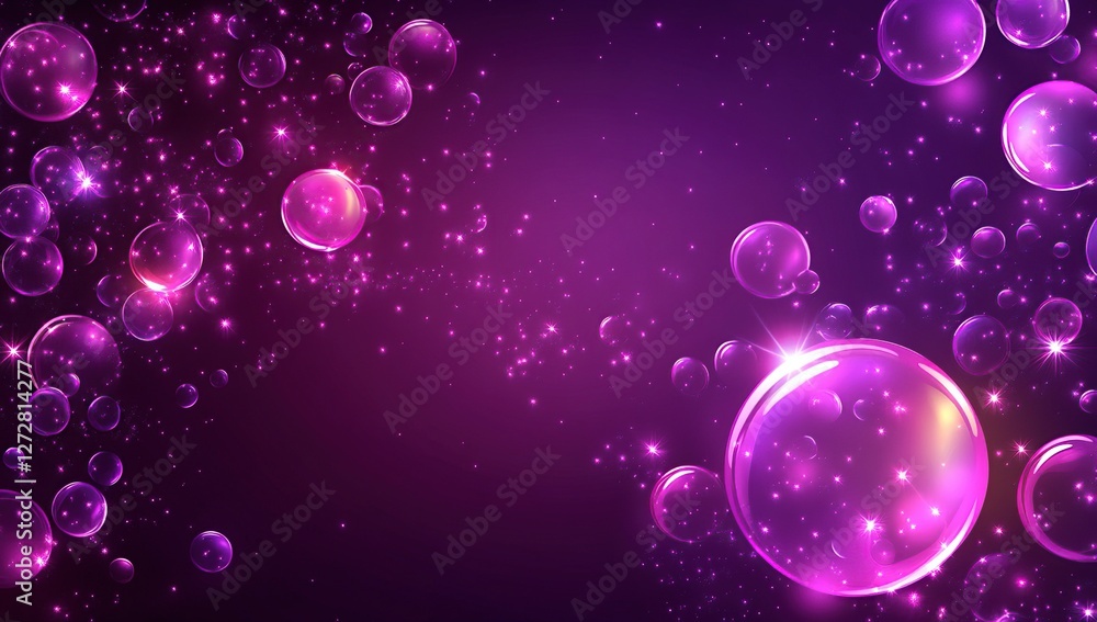 Poster glowing purple bubbles float in a sparkling universe, shimmering with magical light and cosmic dust.