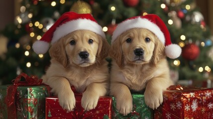 Adorable golden retriever puppies wearing festive hats surrounded by colorful presents during a holiday celebration