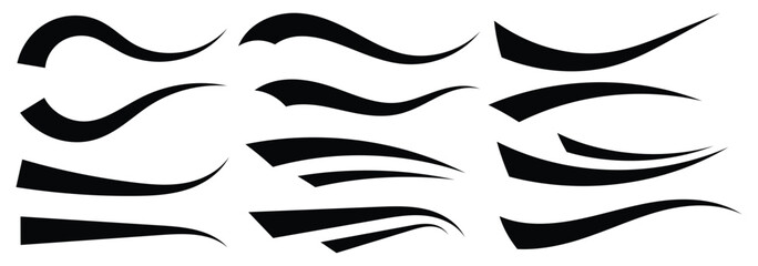 Swoosh and swash tails collection. Swish typography font elements for athletics, baseball, football decoration. Sporty swirling tail icon vector elements set. 