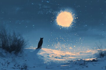 Digital painting of a lone wolf standing on a snowy hill under the full moon, Generative AI