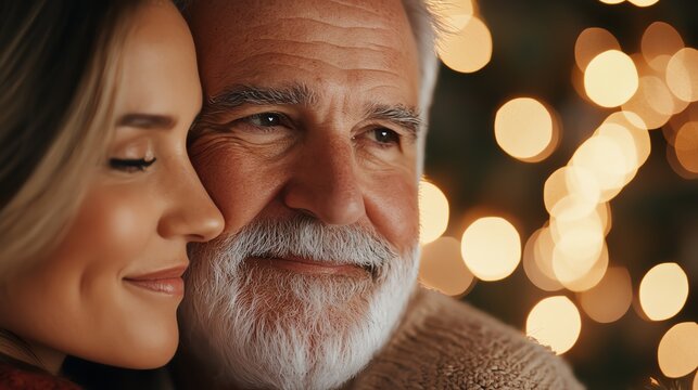 A warm moment shared between a woman and an elderly man, capturing love and connection against a festive backdrop.