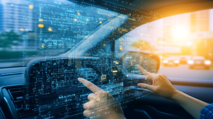 Futuristic Automotive Interface with Digital Overlay Display Technology Driving Car Innovatively.