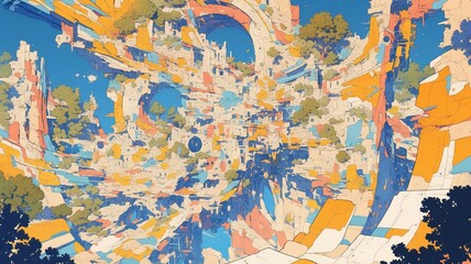 Fototapeta premium Abstract cityscape, vibrant colors, surreal environment, imaginative