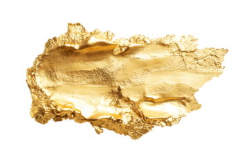 Gold nugget isolated on cut out PNG or transparent background. Gold watercolor texture paint stain rough. Shining brush stroke for design project. Golden foil from paint against. shiny gold foil.