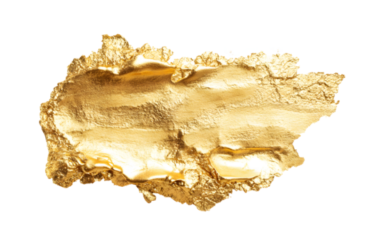 Gold nugget isolated on cut out PNG or transparent background. Gold watercolor texture paint stain rough. Shining brush stroke for design project. Golden foil from paint against. shiny gold foil.