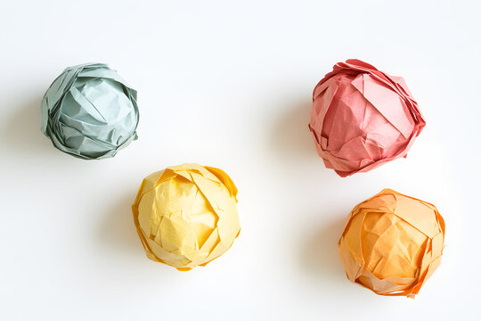 Crumpled sheet cycle balls multicolor blue, orange, pink, yellow, green, red paper against on white background. Image highlights textures and folds of paper, symbol waste, recycling.	