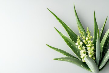 Fototapeta premium Aloe vera plant with flowers light gray background botanical photography minimalist style close-up view natural beauty and healing properties