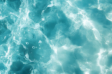 Obraz premium Transparent blue clear water wave surface texture with splashes and bubbles. Abstract summer banner background Water waves in sunlight with copy space Cosmetic moisturizer micellar toner emulsion.