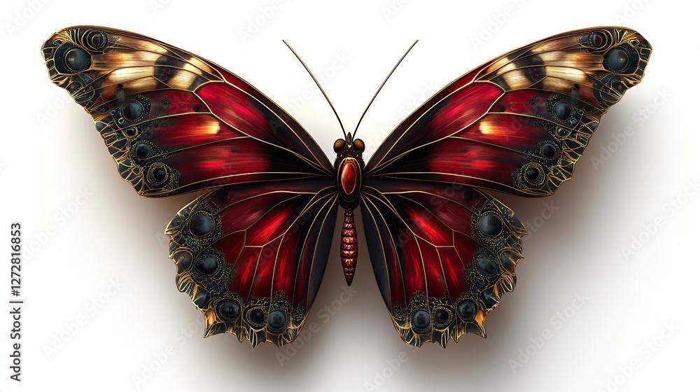 Poster beautiful maroon butterfly with intricate wing patterns in png style on transparent background for d