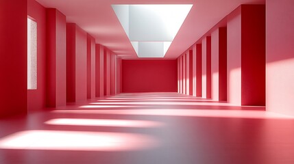 Obraz premium Bright sunlight illuminates a long red hallway subtly enhancing the minimalist aesthetic. AI Generated