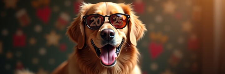 Adorable golden retriever wearing sunglasses, exuding joy and charm, perfect for celebrating milestones or adding warmth to pet-related content.