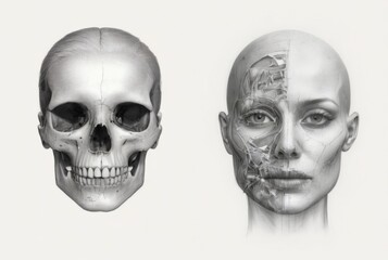 Fototapeta premium Realistic black and white skull sketch next to woman's face, detailed features, serious expression, plain white background.
