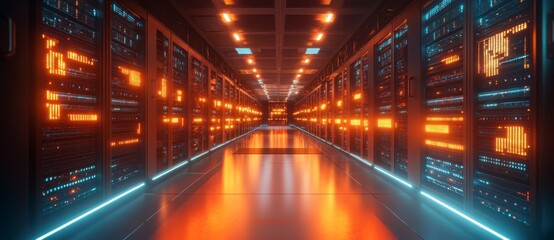 Futuristic Data Center with Rows of Servers and LED Lights