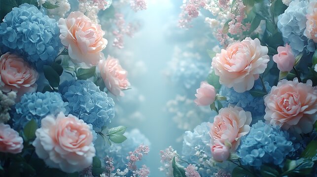 Whimsical garlands of hydrangeas and roses in soft blue and blush tones, cascading from the corners, clean white center for text, warm natural light, hd sharpness, serene and romantic design.