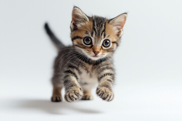 Obraz premium Playful Tabby Kitten Mid-Jump on White Background
