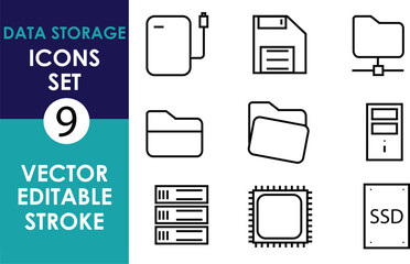 A vector icon set featuring nine black, editable stroke icons representing data storage: external drive, floppy disk, network folder, folders, server racks, CPU chip, SSD, and computer case