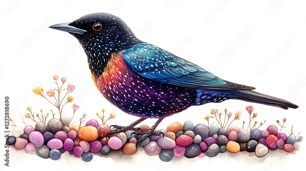 Poster beautiful starling bird in png format with detailed feather patterns,vibrant colors isolated on tran