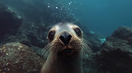 Fototapeta premium Curious sealion underwater with bubbles near rocky landscape