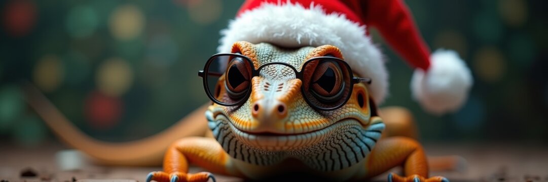 A cheerful lizard wearing a Santa hat and sunglasses, embodying festive fun. Perfect for holiday promotions, pet-themed content, or quirky social media posts.