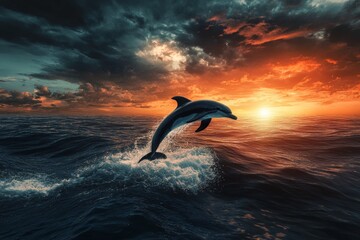Fototapeta premium Dolphin leaping in vibrant sunset ocean scene