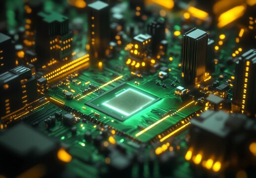 Bright Circuit Board with Microchip and Electronic Components